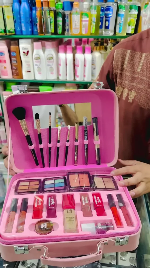 Portable All-in-One Makeup Box with Mirror, Brushes, Lipsticks, Foundations, Eyeshadows, Blush & Beauty Essentials – Travel-Friendly Cosmetic Organizer Set (Copy)