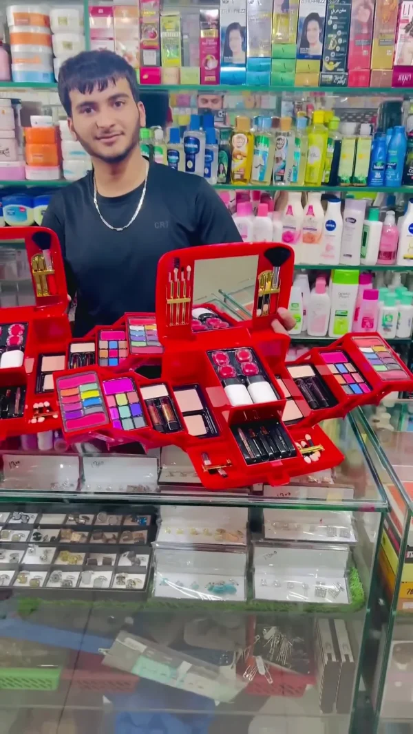 Luxury Multi-Layered Red Makeup Organizer Box with Built-in Mirror, Brushes, Lipsticks, Eyeshadow Palettes, Compact Powders & Complete Beauty Essentials for Professional and Personal Use - Image 2