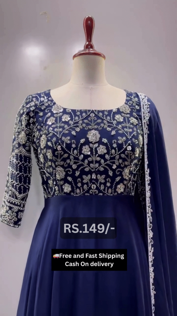 Navy Blue Anarkali Gown with Heavy Embroidered Bodice, Full Sleeves, Matching Dupatta with Lace Border – Perfect for Parties, Weddings, and Festive Wear for Women - Image 2