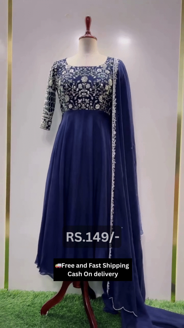 Navy Blue Anarkali Gown with Heavy Embroidered Bodice, Full Sleeves, Matching Dupatta with Lace Border – Perfect for Parties, Weddings, and Festive Wear for Women