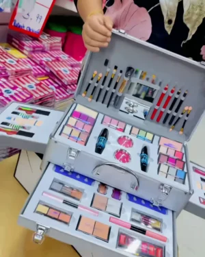 KMES Professional All-In-One Makeup Artist Vanity Case – Deluxe Multi-Layer Cosmetic Set with Eye Shadow Palettes, Lip Colors, Face Powders, Mascara, and Full Professional Brush Kit in a Heavy-Duty Aluminum Travel Case