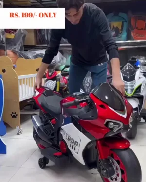 Sporty Red and Black Rechargeable Electric Ride-On Racing Motorcycle Toy for Kids with Stabilizer Wheels and Realistic Design