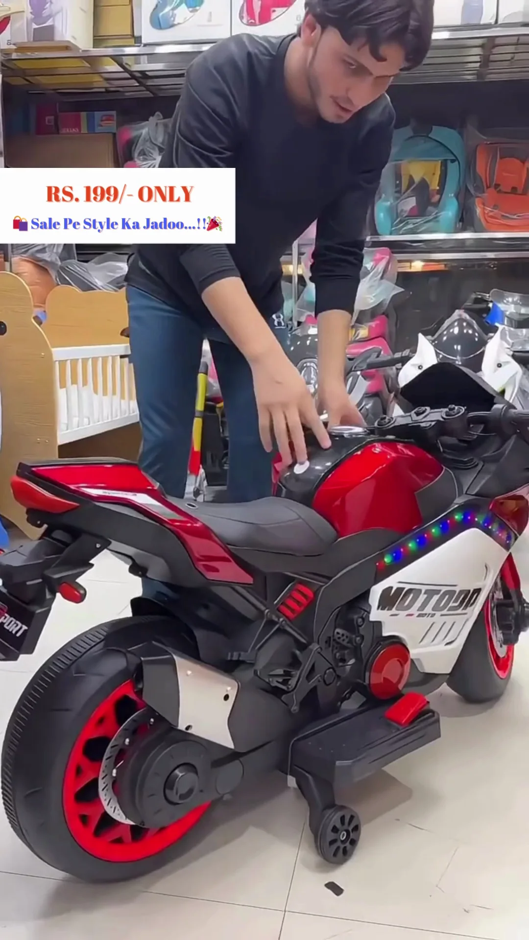 Sporty Red and Black Rechargeable Electric Ride-On Racing Motorcycle Toy for Kids with Stabilizer Wheels and Realistic Design - Image 2