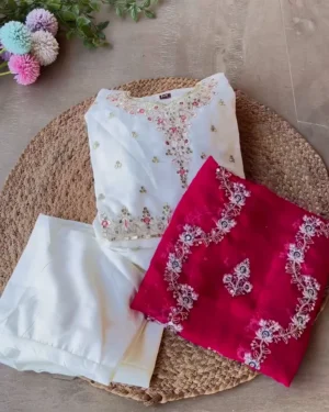 Elegant White Kurti with Red Dupatta for Women – Soft Rayon/Cotton Straight Fit Kurta with Stylish Neckline, 3/4th Sleeves & Contrasting Red Dupatta, Perfect for Daily, Festive & Casual Wear