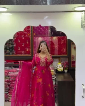 Rani Pink Floral Printed Anarkali Kurta Set with Intricate Embroidered Yoke, Matching Straight Pants & Elegant Dupatta – Festive Ethnic Wear for Weddings, Celebrations & Special Occasions