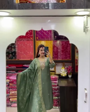 Sage Green Embroidered Anarkali Kurta Set with Ornate Yoke Detailing, Flowing Silhouette & Matching Dupatta – Elegant Ethnic Wear for Weddings, Festive & Special Occasions