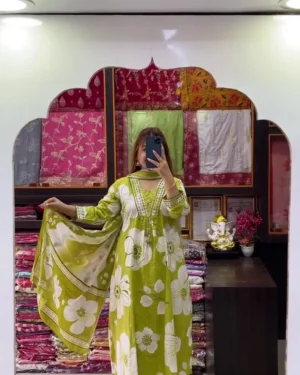 Lime Green Floral Printed Kurta Set with Elegant V-Neck Detailing, Matching Straight Pants & Coordinated Dupatta – Refreshing Ethnic Wear for Festive, Casual & Day Celebrations