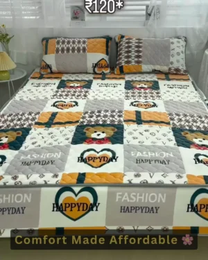 Premium Quilted Patchwork Double Bedspread Set with 2 Pillow Covers – Ultra-Soft Comfort Microfiber Quilt, Teddy Bear & Heart "Happy Day" Print, All-Season Lightweight Comforter / Dohas for Bedroom Decor