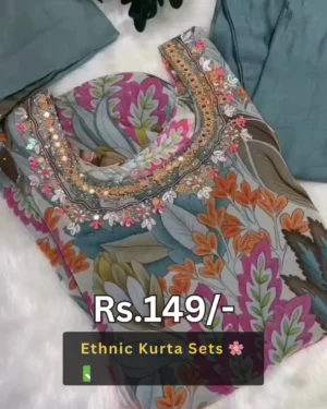 Floral Print Premium Cotton Silk Ethnic Kurta Set for Women with Intricate Mirror Work Neckline Embroidery, Stylish Matching Trousers