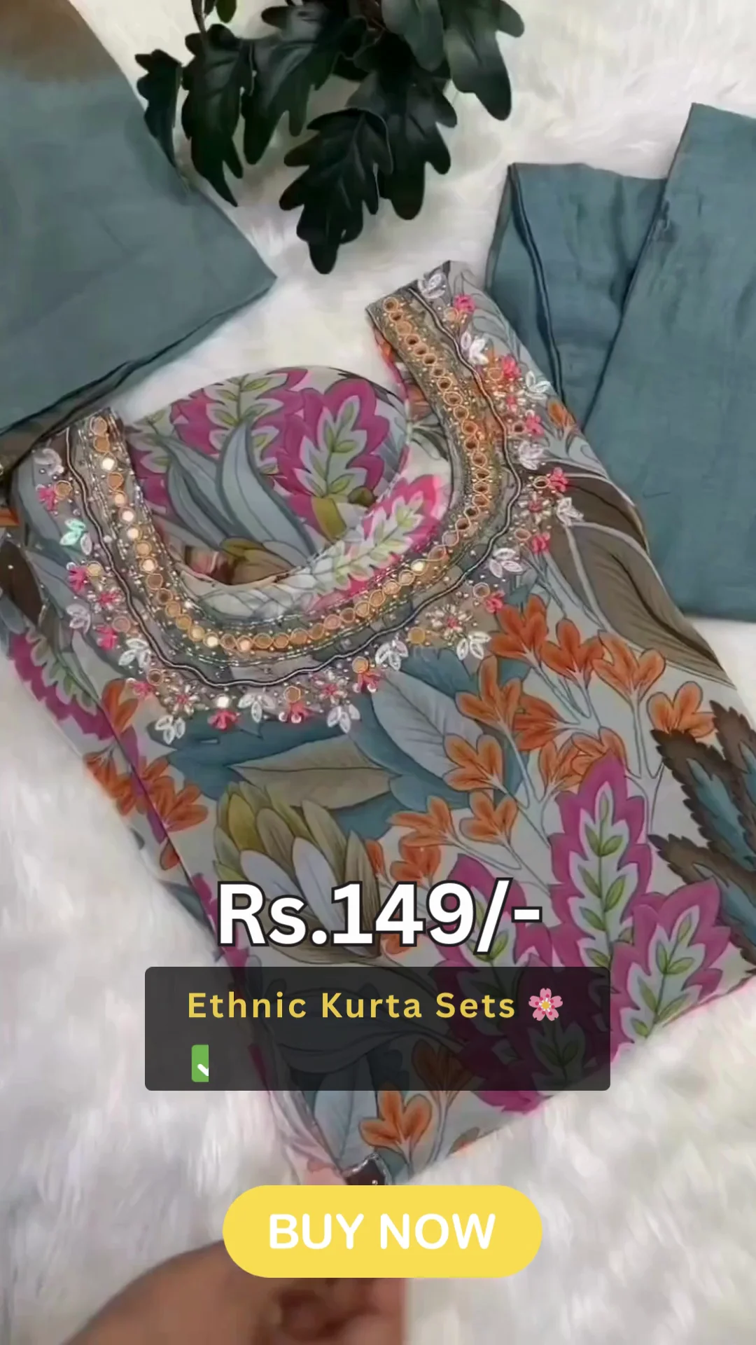 Floral Print Premium Cotton Silk Ethnic Kurta Set for Women with Intricate Mirror Work Neckline Embroidery, Stylish Matching Trousers