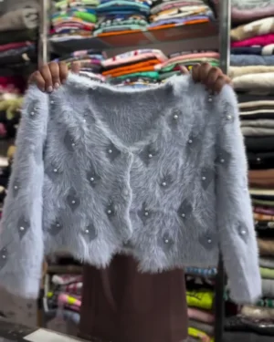 Women’s Plush Faux-Mink Fur Cropped Cardigan – Luxurious Soft-Touch Fuzzy Knit Shrug with Geometric Diamond Pearl Embellishments, Long Sleeve Open-Front Evening Bolero Jacket