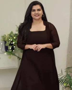 Elegant Coffee Brown Georgette A-Line Dress with Versatile Shrug Styling Options