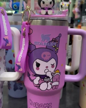 Kawaii Limited Edition Insulated Travel Mug featuring 3D Silicone Character Topper, Matching Charm Strap, and Leak-Resistant Lid – Purple & White Gothic Lolita Aesthetic