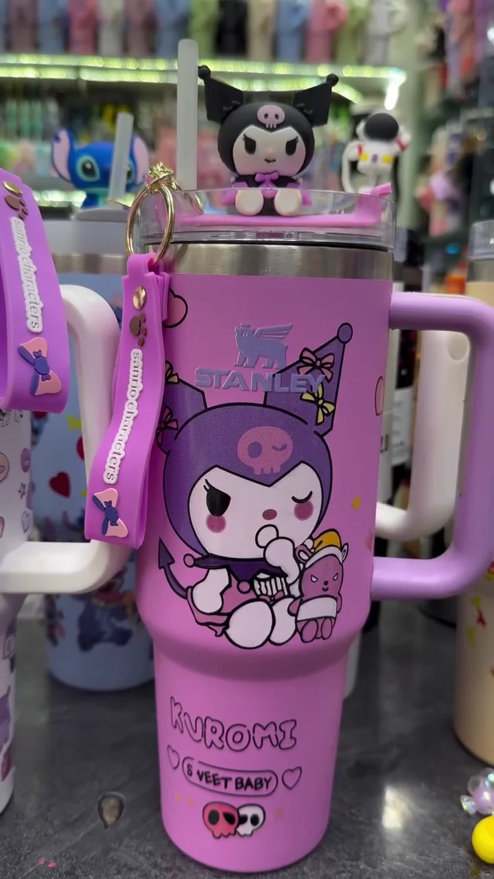 Kawaii Limited Edition Insulated Travel Mug featuring 3D Silicone Character Topper, Matching Charm Strap, and Leak-Resistant Lid – Purple & White Gothic Lolita Aesthetic