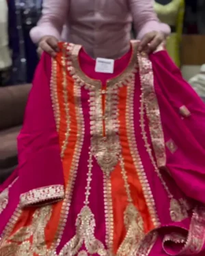 Rani Pink and Orange Embroidered Anarkali Kurta with Matching Silk Palazzo – Festive Ethnic Wear Set