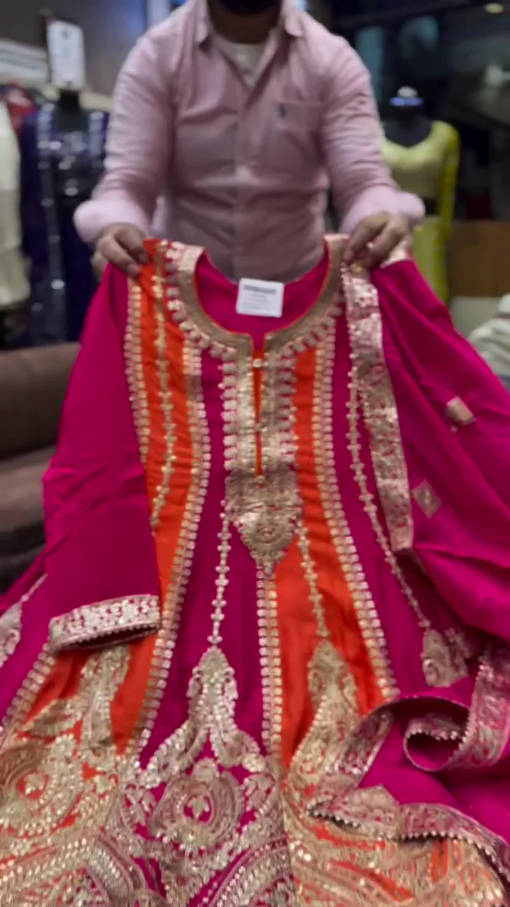 Rani Pink and Orange Embroidered Anarkali Kurta with Matching Silk Palazzo – Festive Ethnic Wear Set