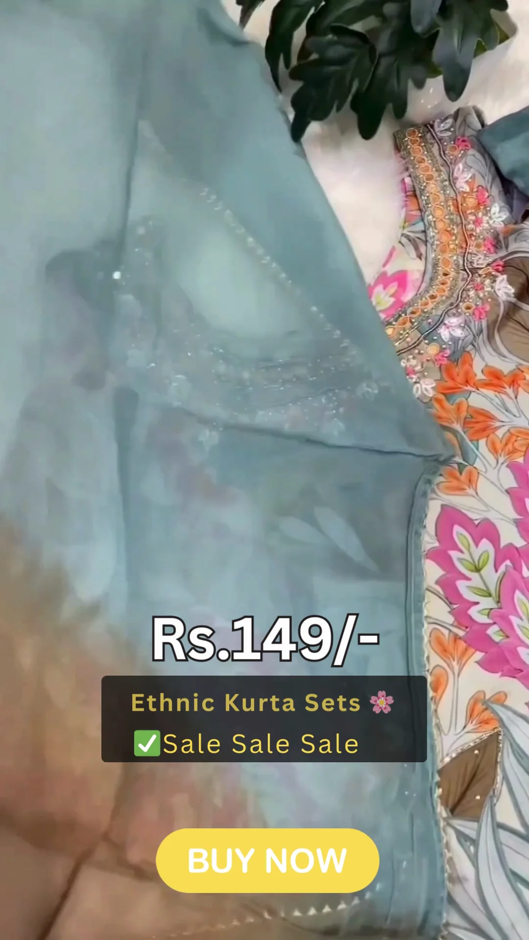 Floral Print Premium Cotton Silk Ethnic Kurta Set for Women with Intricate Mirror Work Neckline Embroidery, Stylish Matching Trousers - Image 2