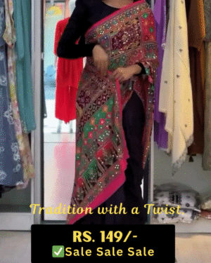 Exquisite Black Silk Fusion Saree with Multicolor Patola Print Pallu – Designer Ethnic Wear Featuring Real Mirror Work, Boho-Chic Embroidered Borders, and Puff-Sleeve Blouse Piece – Traditional Gujarati Style Garba & Festive Special Ensemble