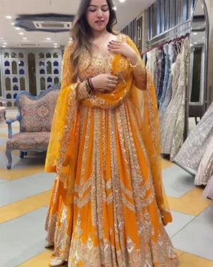 Radiant Mustard Yellow Heavily Embroidered Bridal Anarkali Gown with Intricate Zari Work and Scalloped Dupatta