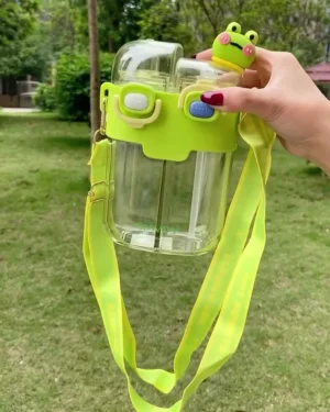 Water Bottle – 2-in-1 Leak-Proof Split Portable Travel Flask with Adjustable Crossbody Strap, Double Straw Design, and 3D Frog Character Topper for Kids
