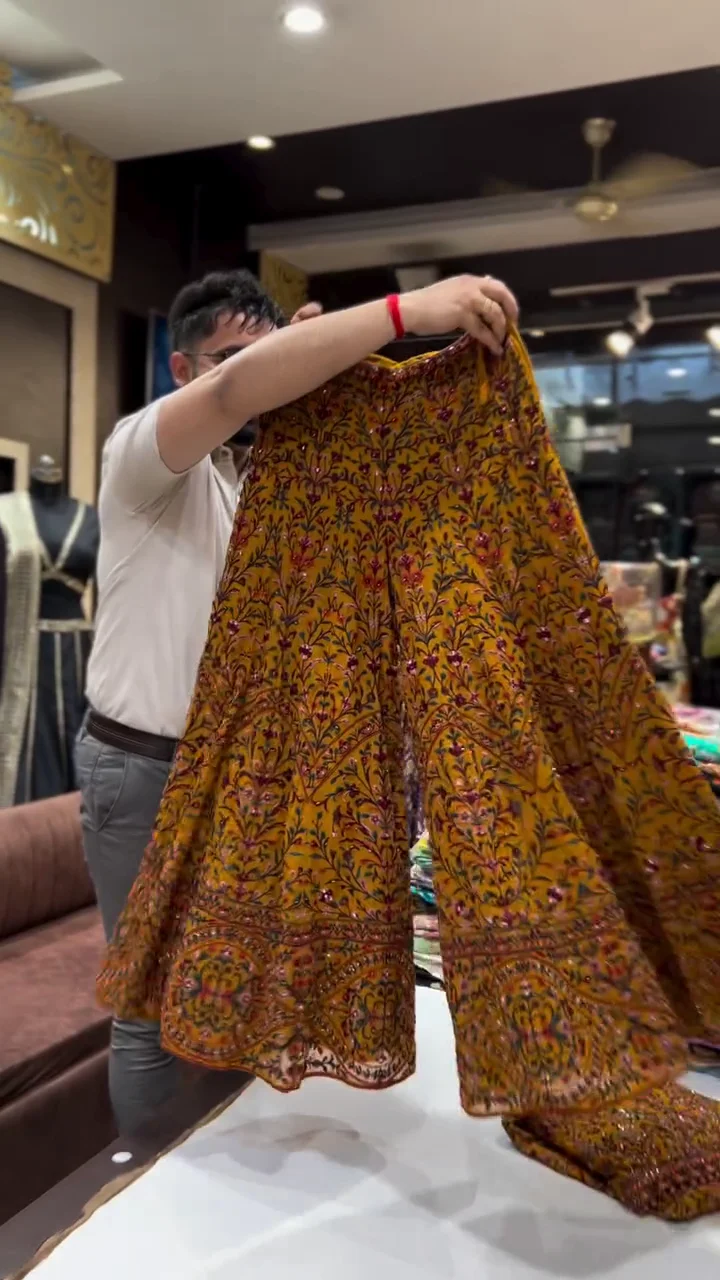 Premium Mustard Yellow Sharara Bottoms – All-Over Floral Embroidery with Scalloped Border for Traditional Celebrations