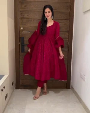 Royal Wine Chikankari Anarkali Kurta Set for Women – Exquisite Georgette 3-Piece Ethnic Suit with Intricate All-Over Embroidery, Matching Slim-Fit Trousers