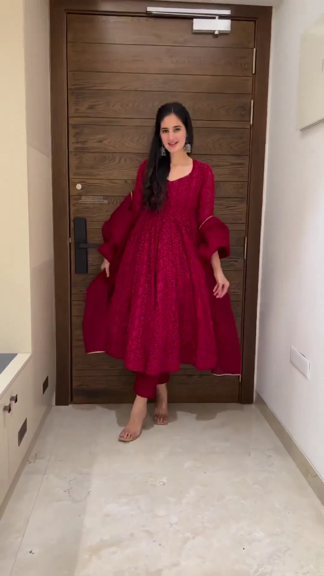 Royal Wine Chikankari Anarkali Kurta Set for Women – Exquisite Georgette 3-Piece Ethnic Suit with Intricate All-Over Embroidery, Matching Slim-Fit Trousers