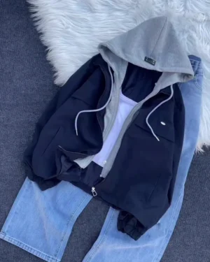 Men’s 2-in-1 Layered Hooded Bomber Jacket – Versatile Streetwear Windbreaker with Built-In Hoodie