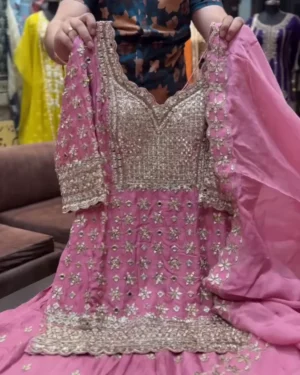 Designer Pink Georgette Sharara Suit – Heavy Gota Patti & Mirror Work Kurti with Scalloped Dupatta