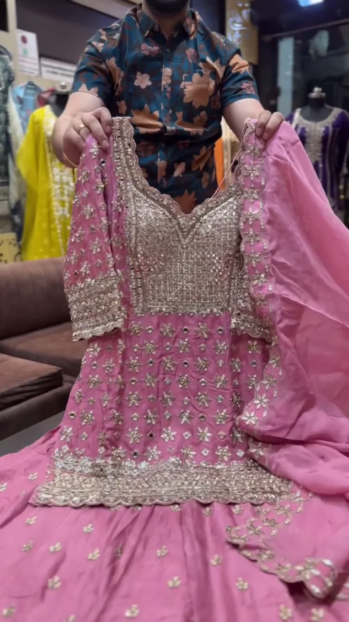 Designer Pink Georgette Sharara Suit – Heavy Gota Patti & Mirror Work Kurti with Scalloped Dupatta
