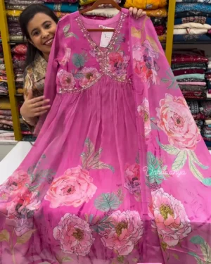 Floral Print Anarkali Kurta Set for Women – Luxury Georgette 3-Piece Ethnic Suit featuring Intricate Mirror-Work V-Neckline, Dramatic Pleated Flare, and Matching Botanical Print Dupatta