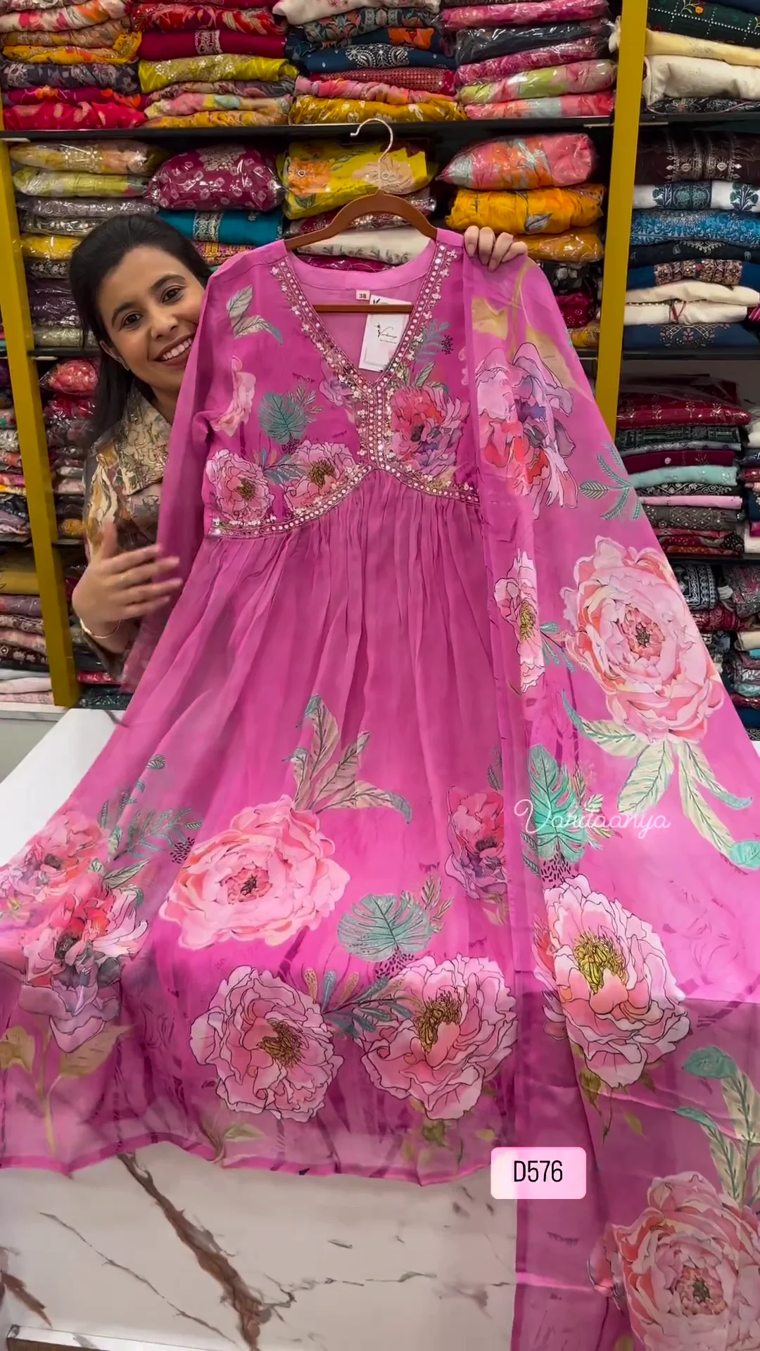 Floral Print Anarkali Kurta Set for Women – Luxury Georgette 3-Piece Ethnic Suit featuring Intricate Mirror-Work V-Neckline, Dramatic Pleated Flare, and Matching Botanical Print Dupatta