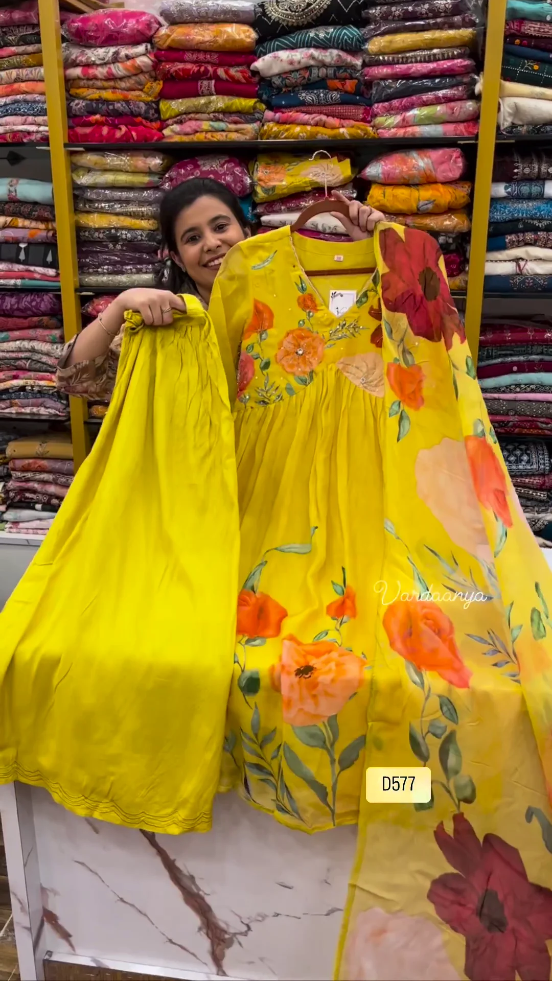 Floral Print Anarkali Kurta Set for Women – Luxury Georgette 3-Piece Ethnic Suit featuring Intricate Mirror-Work V-Neckline, Dramatic Pleated Flare, and Matching Botanical Print Dupatta - Image 2