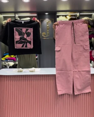 Trendy Women's Streetwear Co-ord Set – Chic Black Graphic Boxy Crop Top with Pink Abstract Patchwork and Matching High-Waist Dusty Pink Utility Cargo Joggers