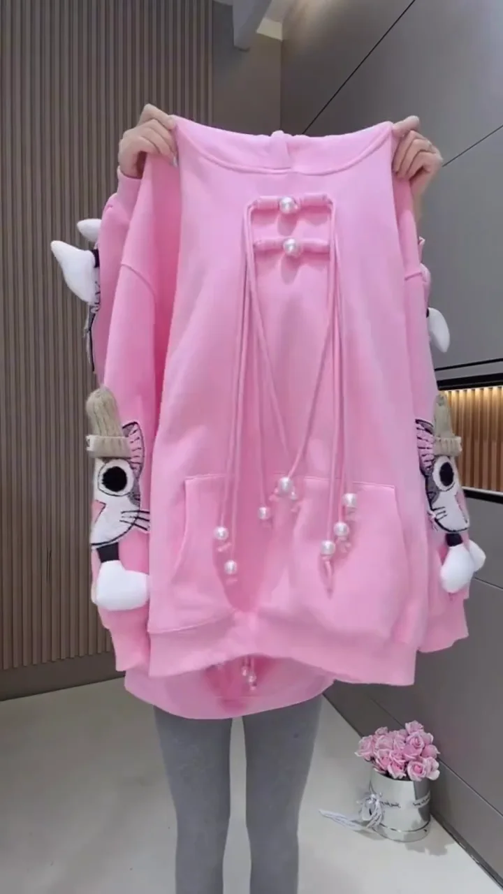 Kawaii Pastel Pink Oversized Plush Hoodie – Luxury Fleece Sweatshirt with 3D Character "Peeking" Sleeve Accents, Chinese-Inspired Pearl Button Toggle Neckline