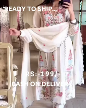 Elegant White Floral Embroidered Anarkali Suit Set with Scalloped Dupatta