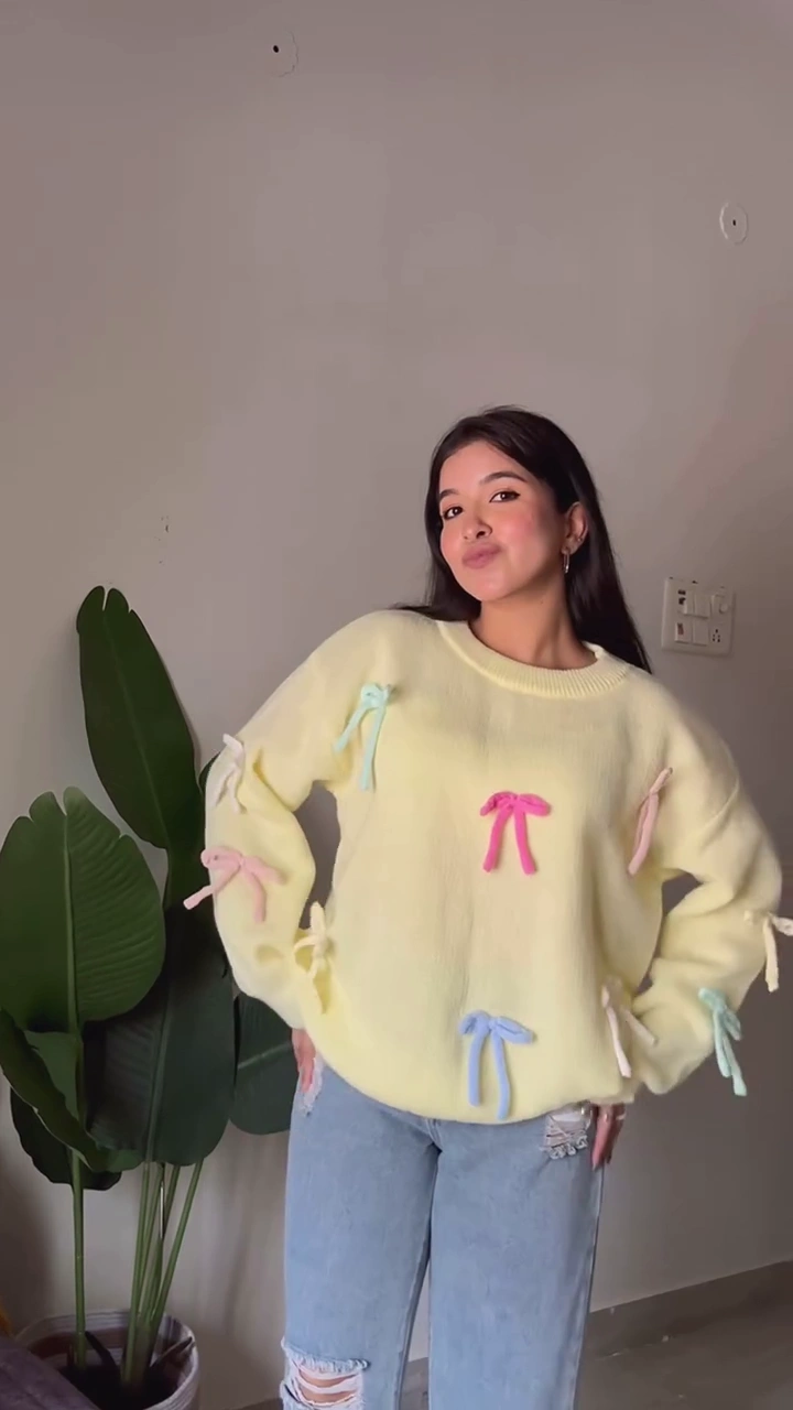 Trendy Women’s Pastel Winter Collection: Premium Oversized Pale Yellow Bow-Embellished Pullover & Elegant Sage Green Ribbed Polo Collar Sweater