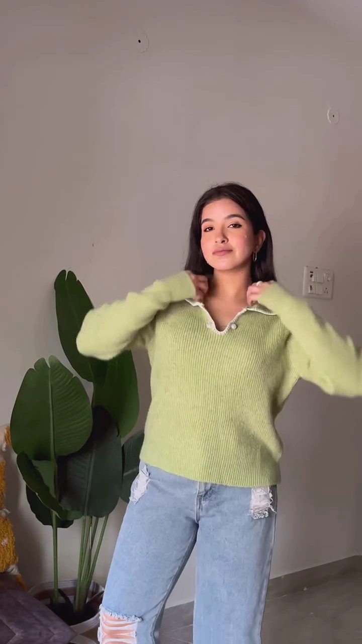 Trendy Women’s Pastel Winter Collection: Premium Oversized Pale Yellow Bow-Embellished Pullover & Elegant Sage Green Ribbed Polo Collar Sweater - Image 2