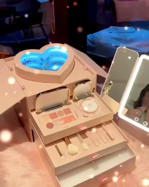 Ultimate All-In-One Bridal Makeup Gift Set – Luxury Multi-Tiered Vanity Box with LED Heart Centerpiece, Professional Cosmetic Palette, Precision Brush