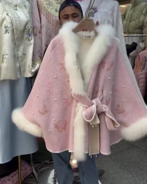 Faux Fur Trimmed Butterfly Embroidered Poncho Cape – Elegant Winter Shawl Wrap with Pearl Accents, Traditional Hanfu Style Overcoat for Weddings, Formals, and Special Occasions